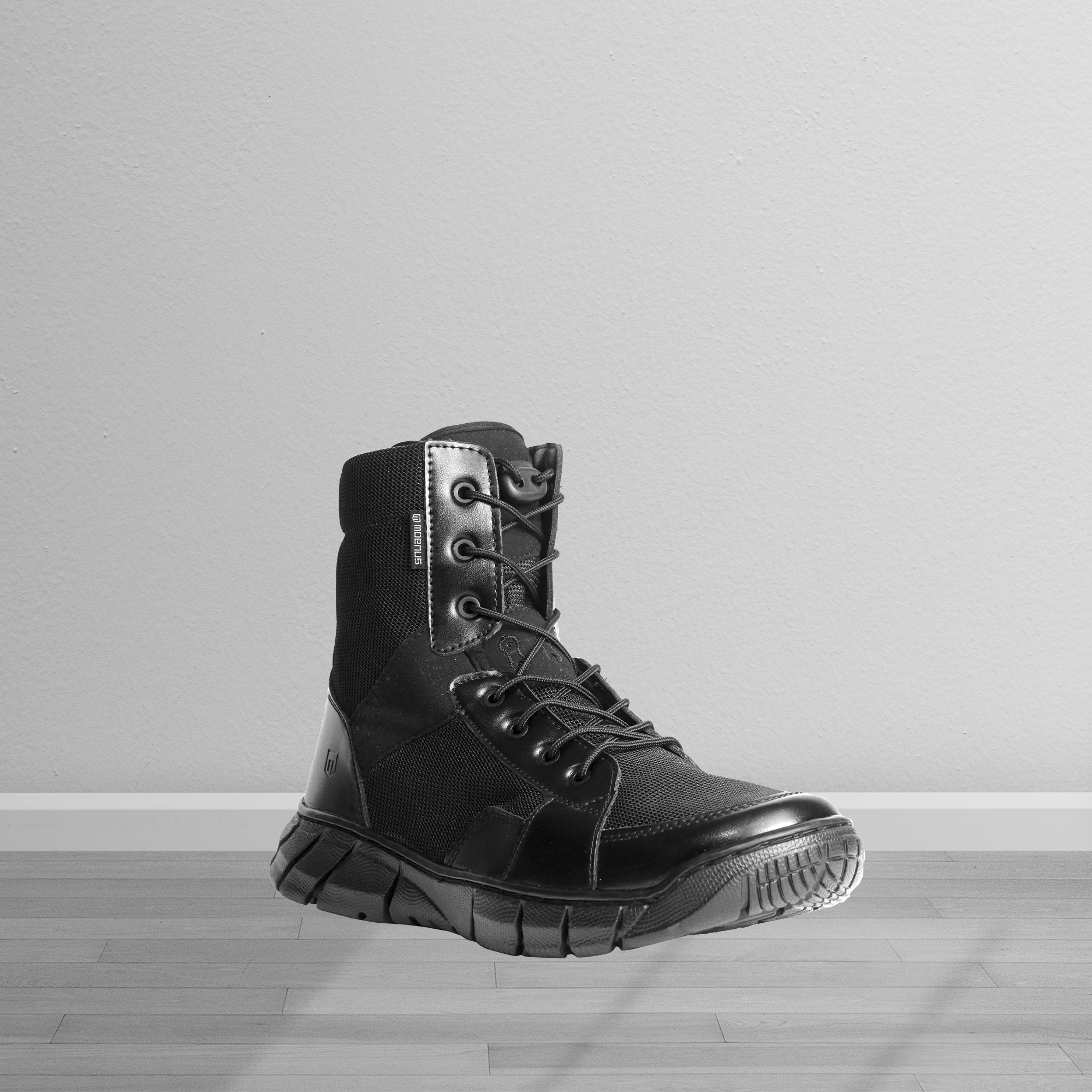 White blank concrete wall mockup with a wooden floor Black Knight